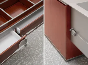 Modern kitchen with a focus on the storage system featuring wooden details and sleek functionality.