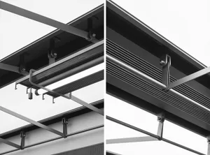 Close-up view of industrial steel frame architecture with metal beams and structural elements.