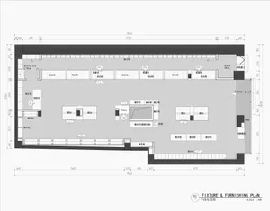 Retail shop layout with various functional zones such as display cabinets, checkout counters, and operational areas.