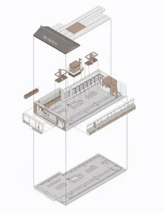 A detailed architectural design of a traditional Japanese tea shop, showcasing its interior layout, materials, and functional