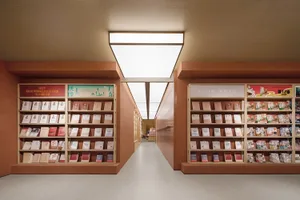 現代圖書館內的木質書架與天花板燈光。