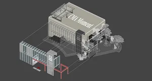 An isometric architectural drawing of a modern glass and metal building exhibiting the words 'CMA Moment'.