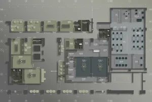 2D technical architectural drawing of a hospital's patient space, showing various rooms and functional areas.
