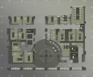 現代醫療中心辦公空間的平面圖，展現俐落線條與高效配置。