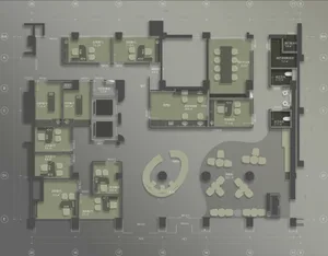 2D architectural floor plan of a hospitality design project with multiple rooms and functional areas.