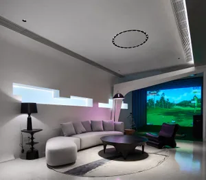 A modern living room featuring floor lamps and contemporary furniture