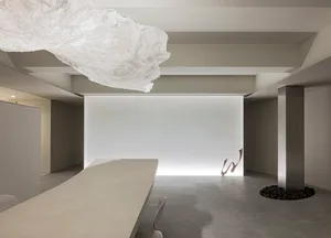 Modern minimalist interior design with concrete walls and ceiling.