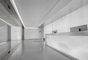 Modern minimalist office lobby with concrete flooring and white walls.