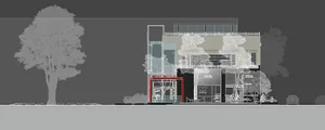 A modern house with glass walls and a steel frame, featuring concrete exterior surfaces.