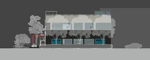 A modern residential architecture concrete plan with a view of a car parked nearby.
