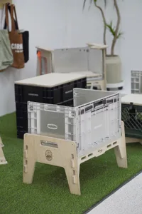 A furniture storage crate display made of wood, acrylic, and plastic.