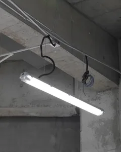 A minimalist industrial interior space featuring a fluorescent light fixture mounted on a concrete ceiling.