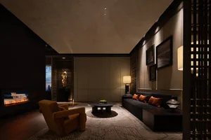 Luxurious industrial-style living space with metallic finishes, leather accents, wooden elements, and concrete flooring.