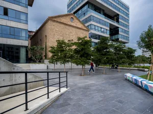 An image of a modern architectural space featuring concrete materials.