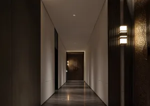 Modern interior design corridor with dark wood walls and floors, illuminated by wall sconces.