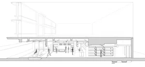 An architectural drawing of a shopping center storefront with modern materials.