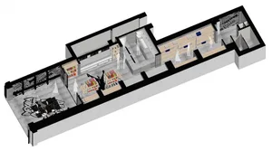 An interior design rendering of a retail store with concrete walls and wooden accents.