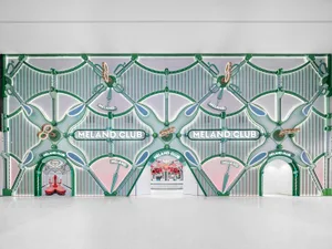 A minimalist club interior with metallic elements.