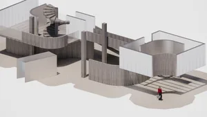A modern architectural interior with concrete walls and a spiral staircase.