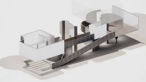 Modern architectural design featuring wood materials.