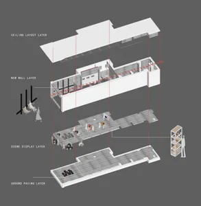 Detailed architectural rendering of a modern interior featuring concrete materials.