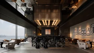 Modern lobby with marble finishes and minimalist design.