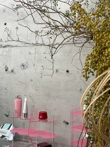 Industrial-style retail store display made of concrete materials.