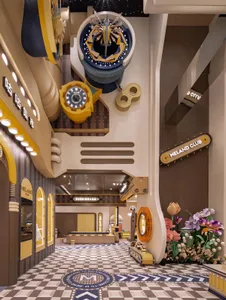 An industrial-themed restaurant interior designed with metallic materials and a futuristic clock.