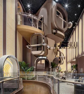 Modern architectural design featuring a glass structure with a starry ceiling, likely a futuristic or science fiction-inspire