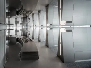 Modern interior space featuring metallic design elements