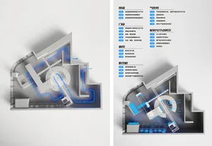3D technical diagram of building interior systems with blue and white components.