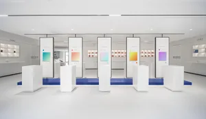 A minimalist retail space featuring a concrete interior design.
