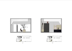 3D architectural rendering of a modern floor plan with mixed materials.