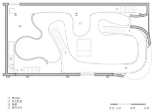 2D technical drawing of a museum interior space, featuring modern architectural design elements.