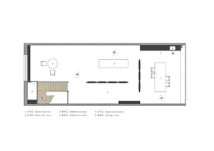 A modern office space plan with a neutral color palette, featuring minimalist design elements and open-concept layout.