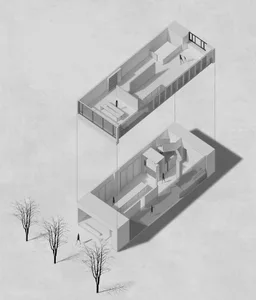 A detailed floor plan of a modern office space with glass and steel elements.