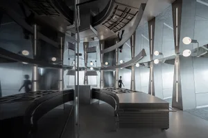 A modern office space featuring a metal wall tile design, with a sleek and contemporary aesthetic.