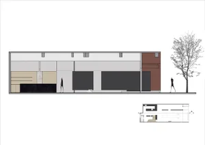A modern retail storefront with concrete and glass materials.