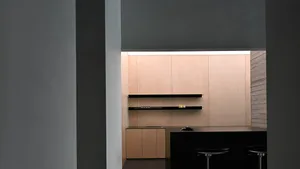 Modern minimalist kitchen with wood shelves and countertop.
