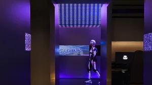 A futuristic gaming station with robotic metallic synthetic design elements