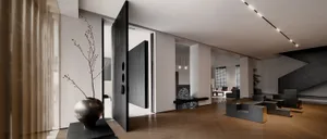 Modern minimalist living room with wooden, concrete and metal elements