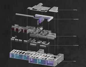 A 3D architectural rendering of an industrial-style office interior with concrete walls and floor.