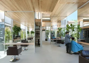 A minimalist hair salon interior with wooden elements and potted plants.
