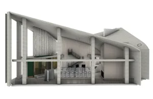 A cross-section of a modern interior space made predominantly of concrete.