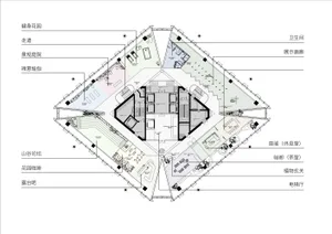 Floor plan of a modern office complex with various functional zones such as fitness parks, yoga spaces, cafes, and exhibition