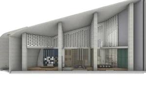 An office space with a modern, industrial design featuring concrete walls, wooden partitions, and metal accents.