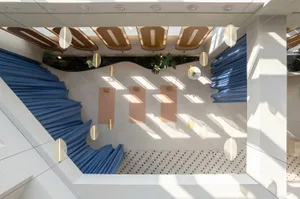 Upper view of a modern spa interior designed with textured wallpaper