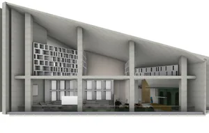A modern office space featuring concrete walls and a concrete ceiling with visible concrete beams.