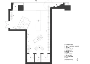 A detailed architectural floor plan of an urban retail store, including sections for window display, cashier area, table and 