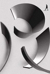 Black and white illustration of abstract minimalist metal shapes